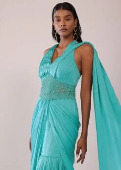 Teal Blue Drape Saree And Fany Halter Neck Blouse Set In Satin With Cutdana Embroidery -Lillys Clothing Shop Kalki2286
