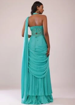 Teal Blue Drape Saree And Fany Halter Neck Blouse Set In Satin With Cutdana Embroidery -Lillys Clothing Shop Kalki2288