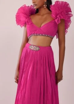 Rani Pink Pleated Lehenga And Blouse With Frilled Sleeves In Organza -Lillys Clothing Shop Kalki2306