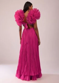 Rani Pink Pleated Lehenga And Blouse With Frilled Sleeves In Organza -Lillys Clothing Shop Kalki2308