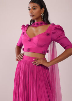 Rani Pink Lehenga And Blouse With Bishop Sleeves And Hand Embroidered Brooch -Lillys Clothing Shop Kalki2353