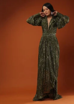 Chive Green Gown With High Collar Neckline In Sequins Embroidery, Bishop Sleeves With Padding