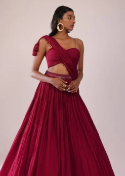 Maroon Red Chiffon Lehenga Blouse Set With One Side Shoulder Drape -Lillys Clothing Shop Kalki2386