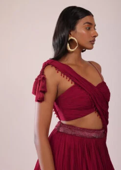 Maroon Red Chiffon Lehenga Blouse Set With One Side Shoulder Drape -Lillys Clothing Shop Kalki2387