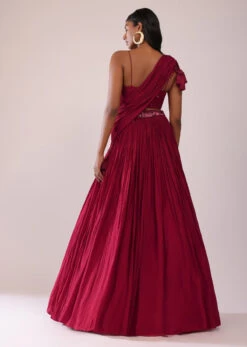 Maroon Red Chiffon Lehenga Blouse Set With One Side Shoulder Drape -Lillys Clothing Shop Kalki2388