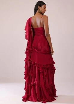 Red Layered Lehenga And Embroidered Blouse In Crepe With Attached Pallu -Lillys Clothing Shop Kalki2392