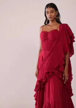 Red Layered Lehenga And Embroidered Blouse In Crepe With Attached Pallu -Lillys Clothing Shop Kalki2393