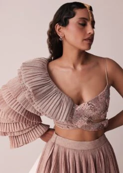 Peach Gold Embroidered Skirt And Top Set In Knit Strechable Fabric -Lillys Clothing Shop Kalki2417