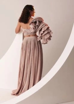 Peach Gold Embroidered Skirt And Top Set In Knit Strechable Fabric -Lillys Clothing Shop Kalki2418