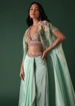 Mint Green Crepe Drape Skirt And Blouse Set With Cape -Lillys Clothing Shop Kalki2446