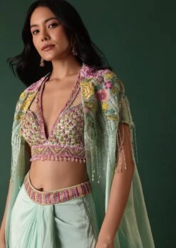 Mint Green Crepe Drape Skirt And Blouse Set With Cape -Lillys Clothing Shop Kalki2447