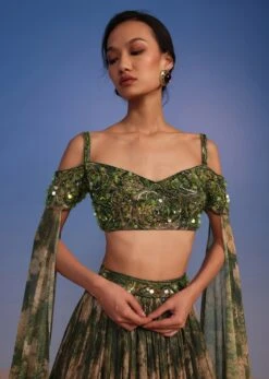 Olive Green Lehenga Set In Crush With Floral Print And Embroidered Blouse -Lillys Clothing Shop Kalki2451