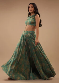Beryl Green Satin Blouse And Palazzo Pants With Floral Print And Asymmetric Hemline -Lillys Clothing Shop Kalki260