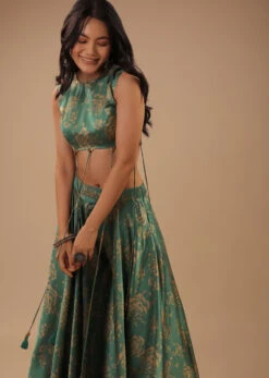 Beryl Green Satin Blouse And Palazzo Pants With Floral Print And Asymmetric Hemline -Lillys Clothing Shop Kalki261