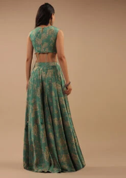 Beryl Green Satin Blouse And Palazzo Pants With Floral Print And Asymmetric Hemline -Lillys Clothing Shop Kalki263