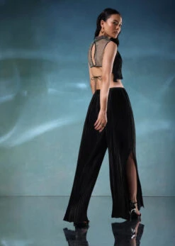 Black Butterfly Mesh Blouse And Palazzo Set In Satin -Lillys Clothing Shop Kalki273