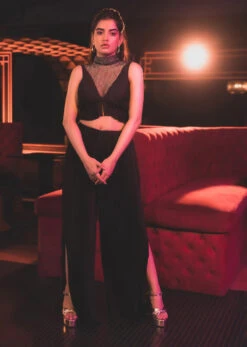 Black Butterfly Mesh Blouse And Palazzo Set In Satin -Lillys Clothing Shop Kalki274