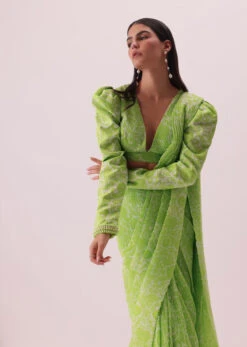 Citrus Green Printed Pre-Stitched Saree In Georgette With Hand-Embroidered Belt -Lillys Clothing Shop Kalki328