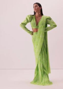 Citrus Green Printed Pre-Stitched Saree In Georgette With Hand-Embroidered Belt