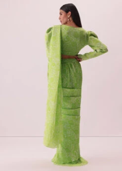 Citrus Green Printed Pre-Stitched Saree In Georgette With Hand-Embroidered Belt -Lillys Clothing Shop Kalki331