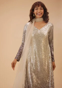 Coffee Brown And Silver Gradient Shade Pant Suit Set In Sequins -Lillys Clothing Shop Kalki372