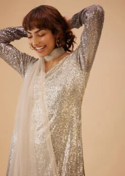 Coffee Brown And Silver Gradient Shade Pant Suit Set In Sequins -Lillys Clothing Shop Kalki373