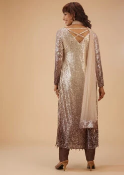 Coffee Brown And Silver Gradient Shade Pant Suit Set In Sequins -Lillys Clothing Shop Kalki374
