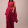 Crimson Red Saree In Crush With A Crop Top In The Illusioned Neckline, Paired With A Belt In Cut Dana And Moti Embroidery -Lillys Clothing Shop Kalki474