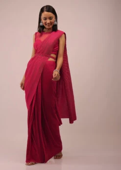 Crimson Red Saree In Crush With A Crop Top In The Illusioned Neckline, Paired With A Belt In Cut Dana And Moti Embroidery
