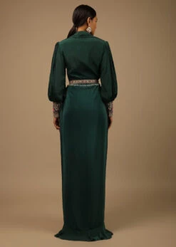 Dark Pine Green High Low Gown With Collar Neckline, Bishop Sleeves And Multicolor Handwork On The Cuffs -Lillys Clothing Shop Kalki493