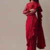 Dark Red Stitched Satin Saree With Mesh Net Blouse