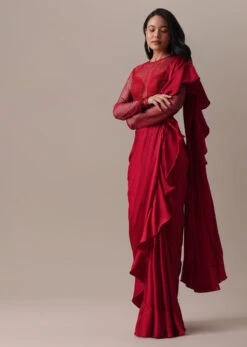 Dark Red Stitched Satin Saree With Mesh Net Blouse