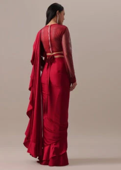 Dark Red Stitched Satin Saree With Mesh Net Blouse -Lillys Clothing Shop Kalki502