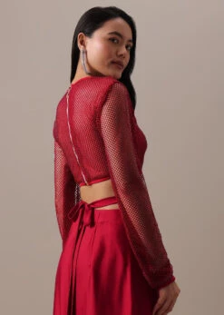 Dark Red Stitched Satin Saree With Mesh Net Blouse -Lillys Clothing Shop Kalki503