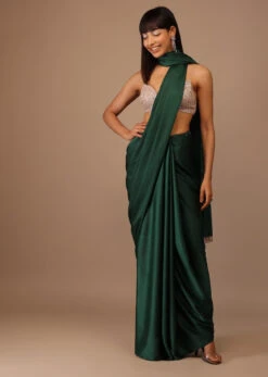 Deep Green Milano Satin Saree With Hand Embroidered Bustier