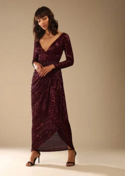 Burgundy Gown Embellished In Sequins With Fancy Drape Silhouette And Plunging V Neckline -Lillys Clothing Shop Kalki52 b0c65f82 b371 460d 8cd5 68e10826d924