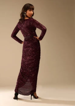 Burgundy Gown Embellished In Sequins With Fancy Drape Silhouette And Plunging V Neckline -Lillys Clothing Shop Kalki53 ebd06a21 876d 4200 87ef f6deccce6238