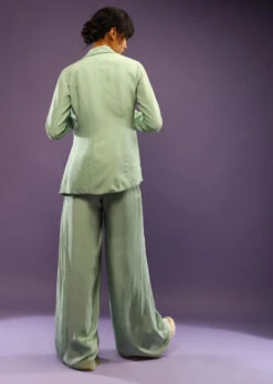 Dusty Jade Blazer And Palazzo Suit With A Plunge Neckline Bustier -Lillys Clothing Shop Kalki543