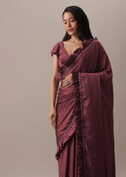 Dusty Maroon Satin Saree With Frilled Sleeved Blouses -Lillys Clothing Shop Kalki547