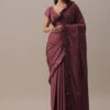 Dusty Maroon Satin Saree With Frilled Sleeved Blouses