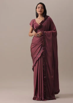 Dusty Maroon Satin Saree With Frilled Sleeved Blouses