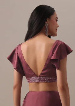 Dusty Maroon Satin Saree With Frilled Sleeved Blouses -Lillys Clothing Shop Kalki550