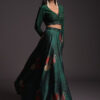Emerald Green Floral Satin Skirt And Embroidered Crop Top With Gradient Sequins Work And Full Sleeves