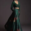 Emerald Green Floral Satin Skirt And Embroidered Crop Top With Gradient Sequins Work And Full Sleeves -Lillys Clothing Shop Kalki571
