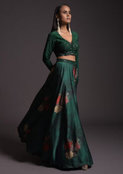 Emerald Green Floral Satin Skirt And Embroidered Crop Top With Gradient Sequins Work And Full Sleeves