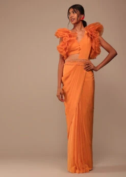 Fire Orange Crepe Indo-western Saree With Pearl Embroidered Belt