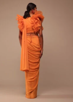 Fire Orange Crepe Indo-western Saree With Pearl Embroidered Belt -Lillys Clothing Shop Kalki632