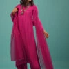 Fuchsia Pink Satin A Line Palazzo Suit With Multi-Colored Cut Dana Work On The Cuff -Lillys Clothing Shop Kalki705