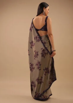 Ginger Grey Satin Saree With Floral Print And Purple Sequin Border -Lillys Clothing Shop Kalki721