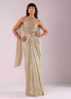 Glam Gold Pleated Skirt And Top With Embroidered Choker Dupatta